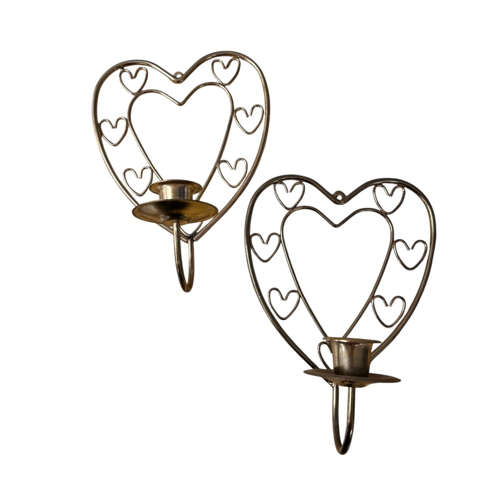 Vintage Brass Tone Heart Wire Wall Sconce Candle Holder Pair Romantic Decor